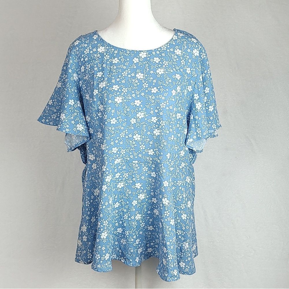Bloomchic Women Blue White Ditsy Floral Flutter Sleeve Blouse Top Plus Size 16